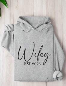 'Wifey' & 'Hubby' EST. 2026 Matching Couple Hoodies, Wedding Gift, Couple Honeymoon Bride And Groom Pullovers, Newly Couple Est 2026 Gift For Fiance ODT-1934 - 灰色妻子 - 查看 2