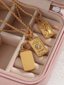 Stainless Steel Waterproof & Fade-Resistant Vintage Gold Sun, Star, Moon Rectangle Pendant Necklace, Suitable For Women's Daily Wear - Gold - View 3