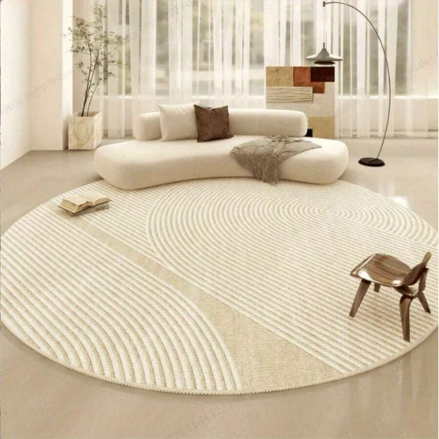 Tapete para Sala de Estar Estilo Francês na Cor Creme, Tapete Decorativo Redondo de Luxo para Quarto, Tapete de Chão Casual Japonês Simples, Tapete Doméstico Macio e Lavável - Multicolorido - Visão 1