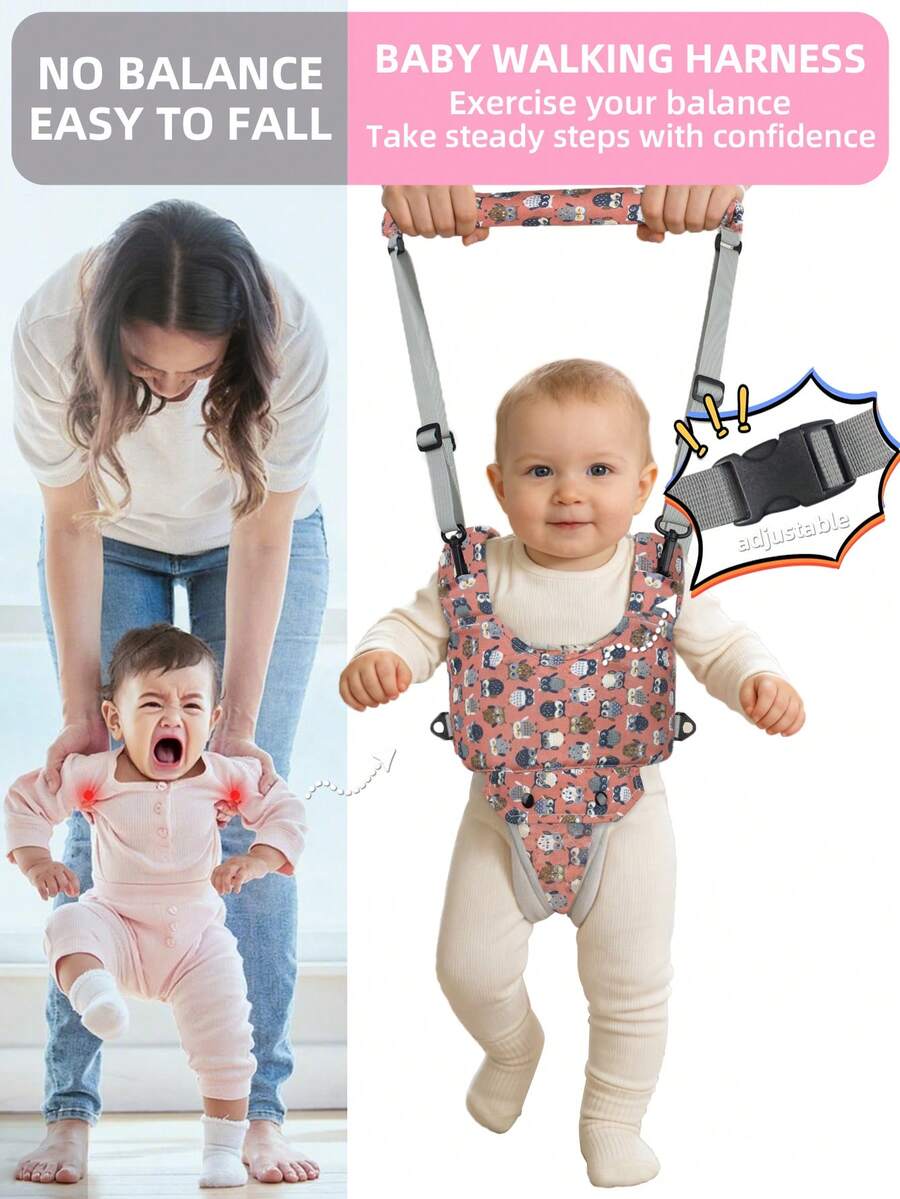 1pc New Baby Walking Assistant Harness, 4-Season Printed Basket-Style Infant Walking Trainer, Multifunctional Baby Walker Vest, Handheld Child Walking Safety Belt, Toddler Walking Training Tool - Pink Floral Owl - View 1