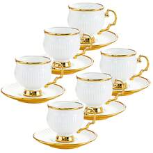 Porcelain Coffee Cups And Saucers Set Of 6 | 3.38oz Ceramic Cups For Cappuccino, Latte, Mocha, Tea - A - View 9