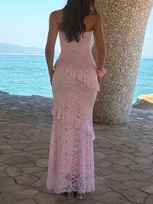 Unadoll 女士性感无肩带蕾丝提花面料优雅连衣裙，适合约会、婚礼、度假、派对、生日、情人节等场合，粉色夏季款 - 粉色 - 查看 2