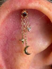 EleRunis 1PC 925 Sterling Silver Moon Star Piercings Earrings Three Chain Charm Flat Back Cartilage Helix Piercing Fine Jewelry For Daily Wear Wedding Party Engagement Anniversary Valentine's Day - Gold - View 2