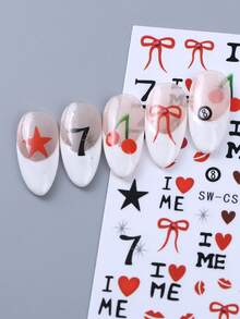 2张情人节美甲贴纸，时尚浪漫的3D爱心、字母、蝴蝶结、嘴唇、樱桃图案美甲贴花，DIY美甲用品 - 彩色 - 查看 6