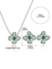 Green & White Rhinestone Flower Necklace & Earring 2 Pieces Set, Luxury Elegant Jewelry For Banquet & Wedding - Multicolor - View 3