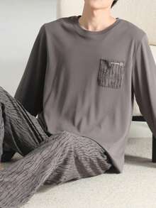 AICJ Bộ đồ ngủ nam 2 món dáng rộng rãi, thoải mái, thích hợp cho tiệc tùng, ở nhà, du lịch, giới trẻ, mùa xuân, thu, đông. Áo tay dài cổ tròn có túi, quần in họa tiết bất đối xứng, chất liệu vải dệt kim, bộ đồ mặc nhà. - Màu xám đen - Xem 4