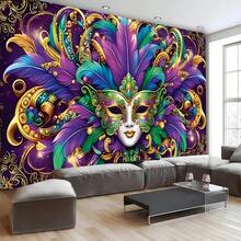 1pc 2D Flat Carnival Mask Background Banner, Polyester Fabric, Colorful Feather Mask Decor, For Carnival Party Decoration, Masquerade Ball, Stage Backdrop, Party Decor, Wall Decor, Home/Bedroom/Indoor/Outdoor Decor, Garden Decor, Photography Backdrop - Multicolor - View 2