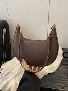 1pc PU Solid Color Zipper Crescent Underarm Bag, Fashionable Retro Shoulder Bag, Suitable For Office Ladies, Versatile (Lychee Pattern Style) - Coffee - View 1