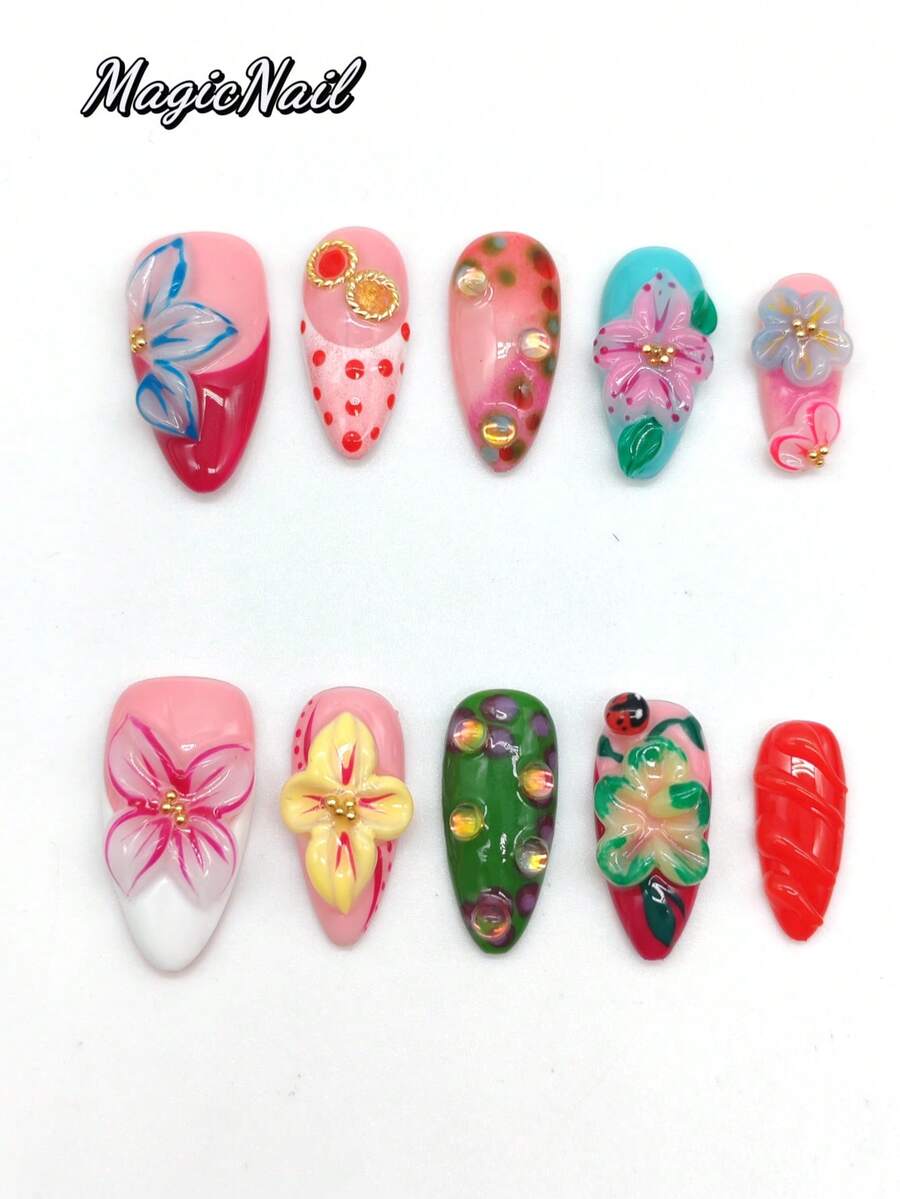 10 Pieces Of Pure Handmade Pressed Nail, 25mm Long Almond-Shaped Nail, Pink Nail, White Nail, Green Nail, Red Nail, Three-Dimensional Raised Flower Pink Green Drawing, Ladybug Shape, Raised Dot Embellishment. Cute Nail Film. It Is Suitable For Daily Leisure Vacation, Banquets, Parties, Shows And Other Activities. - Multicolor - View 1
