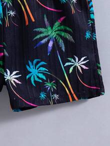 2pcs/Set Boys Casual Outgoing Fashion Random Print Decor Button Design Lapel Short Sleeve Top And Elastic Waist Random Print Shorts, Spring/Summer - White - View 10
