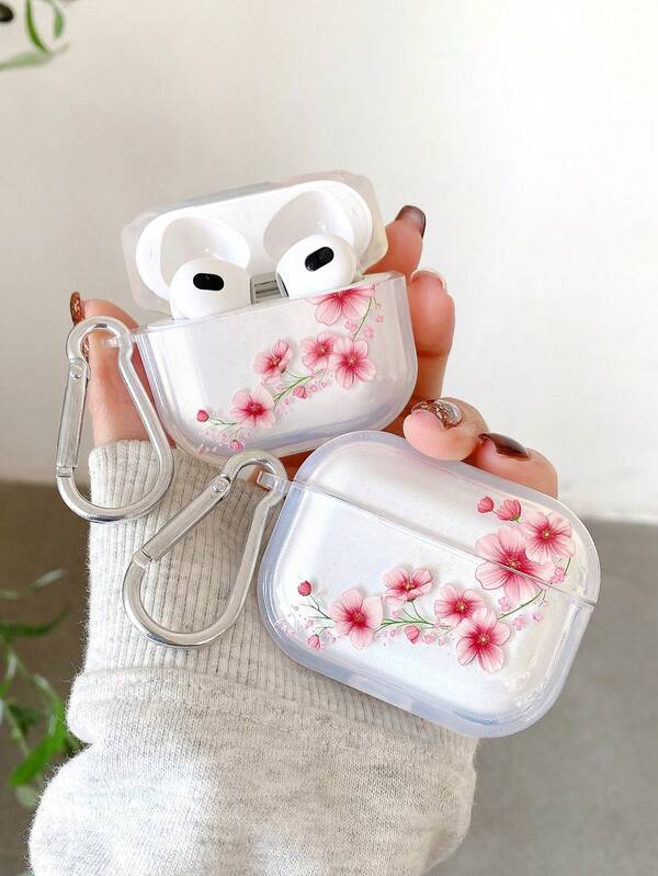 Spring Aesthetic Cherry Blossom Pattern Thick Shockproof Transparent Earphone Case - Comes With Silver Hanging Hook, Compatible With AirPods Case, Headphones, Pro 3 Case, Pro (2nd Generation), 3, Pro, 4 Case Cover