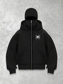 男士时尚蜘蛛印花双帽夹克，酷炫时尚街头上衣，百搭休闲，舒适百搭，适合秋季男装、冬季男装、派对、户外上衣、时尚男士连帽卫衣和双帽卫衣。 - 黑色 - 查看 4