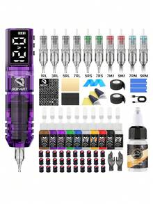 DQFART Wireless Tattoo Gun Kit With 1600mAh Adjustable Power Supply, All-In-One Tattoo Machine Set, Complete Tattoo Pen Kit Including Tattoo Needles, Tattoo Ink, And Tattoo Stencils, Suitable For Beginners And Artists Alike. - Purple - View 13