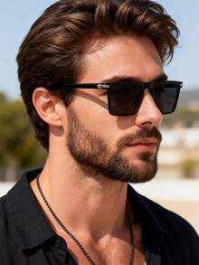 1pc Men's Square Plastic Frame Classic Popular Design Modern Minimalist Style Sunglasses, Suitable For Outdoor Leisure Activities, Golf, Business, Street Photography, Fishing, Driving, Travel And Other Scenarios - màu đen - Xem 2