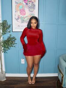 Women's Two-Piece Set, Simple Solid Color, Fashionable, Elegant And Comfortable, Sexy Skirt Set, Tight , Sexy Plush Skirt Set. - 紅色 - 查看 3