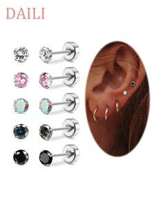 5 Pairs 4mm Gold Titanium Stud Earrings Women Men Stud Earrings For Sensitive Ears Rainbow 5A Cubic Zirconia Earrings Hypoallergenic 20G Flat Back Piercing Sleep Cartilage Earrings Set - 5 Pairs Of Mixed-color  Earrings - View 1