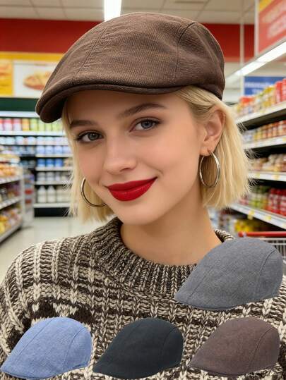 1 Pc Unisex Retro British-Style Octagonal Golf Cap, Newsboy Cap For Men, All-Season. Solid Color Driving Cap For Men Women, Versatile Bi-Color Beret Hat, Suitable For Gatherings, Vacations, Travel, Parties, Daily Wear