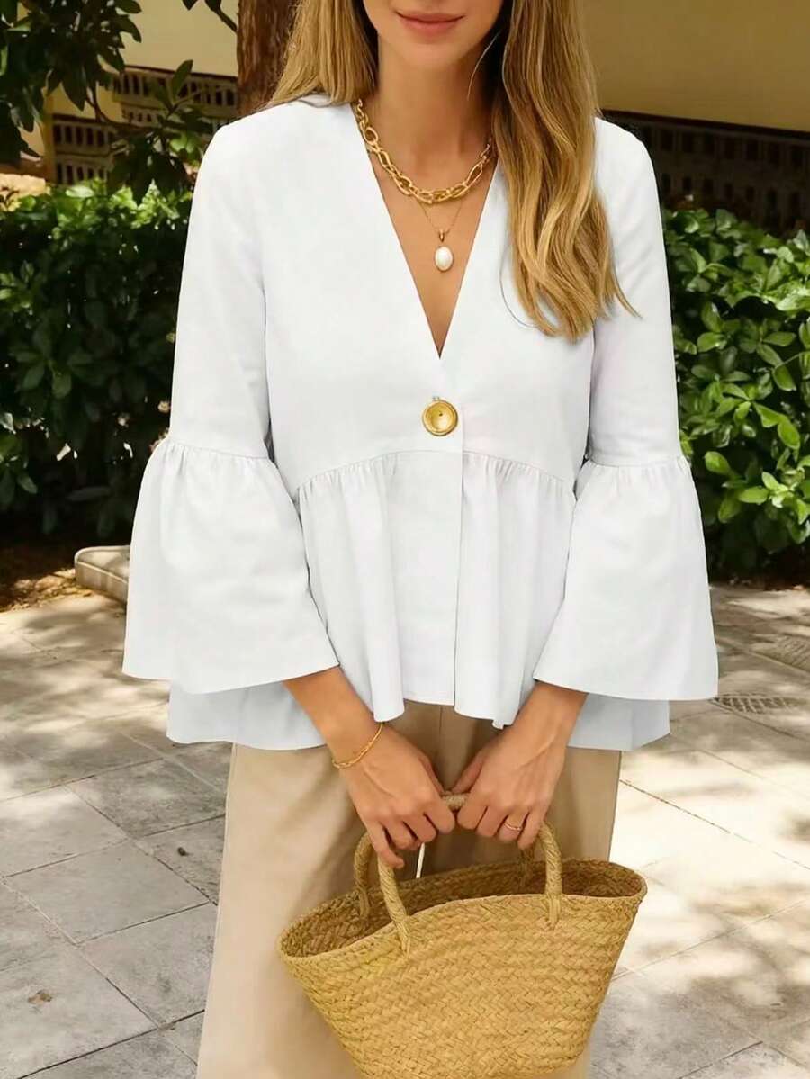 Spring/Summer New Women's Casual V-Neck Pullover Top, Travel & Outing Blouse, White Button-Down Shirt, Loose Fit Casual Women's Shirt - White - View 1