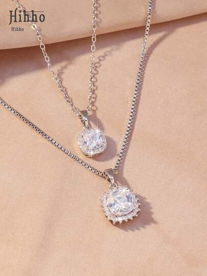 Hihho 2pcs Stainless Steel Chain & Copper Micro-Inlaid Necklace Set. Luxury Geometric Square Full Bright Personalized Party Earrings & Necklace Jewelry Gift