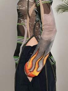 Women's Pullover, Mesh Print, Irregular Slit Long-Sleeved Top T-Shirt Slim Fit Elastic Crewneck Shirt Concert Outfit Tops For Going Out Tops De Mujer Elegantes Rave Outfits - 藍色 - 查看 8