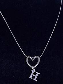 1pc INS Style 304 Stainless Steel Hollow Heart Pendant Necklace With 26 Alphabet Letters, Women's Birthday/Valentine's Day Gift For Lover - Silver - View 4