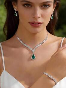 1 Set Women's Teardrop Rhinestone Necklace And Earrings Jewelry Set, Bridal Wedding Party Accessories - Multicolor - View 2