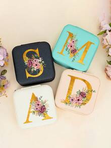 个性化花卉字母旅行首饰盒，伴娘礼物，首饰盒，耳环戒指收纳盒，字母组合礼盒，首饰盒收纳盒，女士首饰盒，小型首饰盒，耳环首饰盒，项链首饰盒，首饰盒，婚礼回礼 - 彩色 - 查看 2