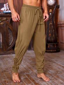 Men's Vintage Medieval Lace Up Pants, Viking Pirate Style Tapered Ankle Linen Costume Trousers For Themed Parties & Reenactments - Màu Khaki - Xem 2