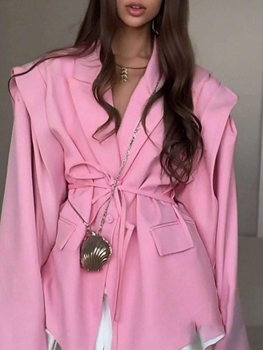 Women's Relaxed Fit Blazer With Adjustable Drawstring Waist & Gold Accent Cuffs -  Notch Lapel Casual Jacket For Smart Urban Style - 29782-粉紅色 - 查看 1
