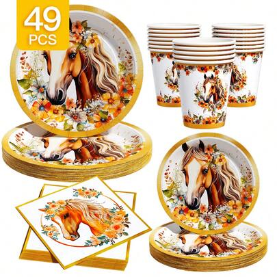 8pcs Gold Rim Floral & Horse Design Disposable Plate, Napkin And Cup Set, Suitable For 8 Guests, Disposable Paper Plate Party Supplies For Birthday, Wedding, Theme Party, Family Picnic