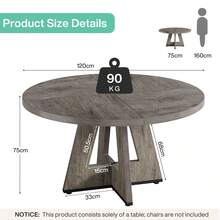 Tribesigns Farmhouse Dining Table, 120 Cm Round Dinner Table For 4, Rustic Wood Dining Room Table For Home Dining Room Living Room (Easy Assembly)(Grey) - Grey - View 3