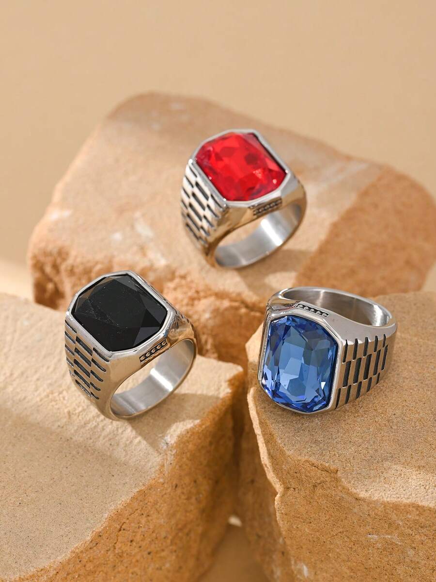1 pieza Anillo de joyería de inoxidable con incrustación rectangular de circonita cúbica de moda