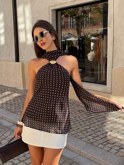 Blusa regata feminina PoPoHouse com estampa de bolinhas, estilo Y2K, elegante, com botões de metal, costas nuas e alças finas. Ideal para encontros, momentos casuais, primavera/verão, festas, praia e festivais de música.