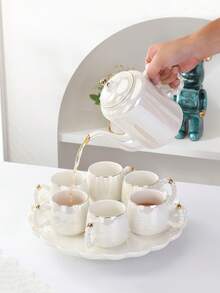 2/1pc 270ml Elegant Ceramic Coffee Mug, Pearl White Cup With Gold Rim Cappuccino Cup, Minimalist Handle Design, Popular Ins Style, Office & Home Milk Cup, Living Room Tea Cup, High-End Mug, Couple Gift, Microwave - Multicolor - View 7