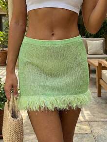 Women Y2k Fringe Knit Mini Skirts Boho Bodycon Low Waist Going Out Crochet Tassel Short Skirt - màu xanh lá - Xem 5