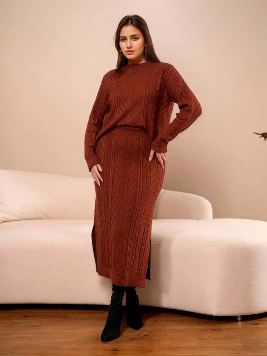 Women's Modal Knit Set – Midi Skirt + Long-Sleeved Blouse, Casual, Elegant And Warm Winter Set - 瑪薩拉紅酒 - 查看 1