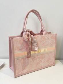 (28 cm * 20 cm * 10 cm) Sac à main mode pour femmes, grande capacité, forme carrée, léger, décoré d'un foulard raffiné, matériau résistant aux rayures et à l'abrasion, convient pour le shopping, les sorties, les rassemblements, les déplacements, motif lettre, élégant sac fourre-tout minimaliste décontracté pour femmes - Rose bonbon - Voir 3