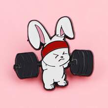 健身强壮兔子珐琅徽章，可爱卡通动物胸针别针，背包翻领别针，时尚饰品礼品 - 白色 - 查看 3