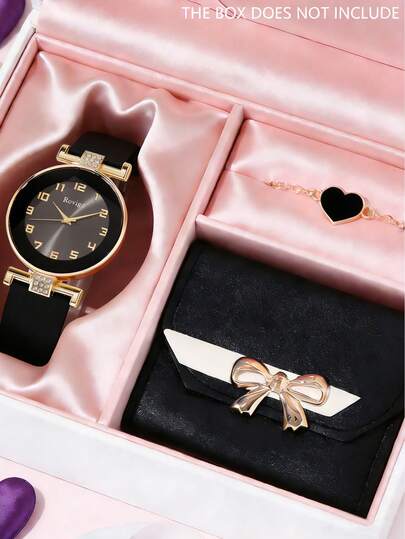 3-Piece Elegant Women's Quartz Watch Set (Includes Black Dial Diamond-Encrusted Black Leather Quartz Watch, Heart-Shaped Pendant Bracelet, Black Leather Bow Decorated Wallet). This Set Features A Black And Gold Tone With Rose Gold Accents And Sparkling Crystals, Showcasing A Refined And Sophisticated Style.