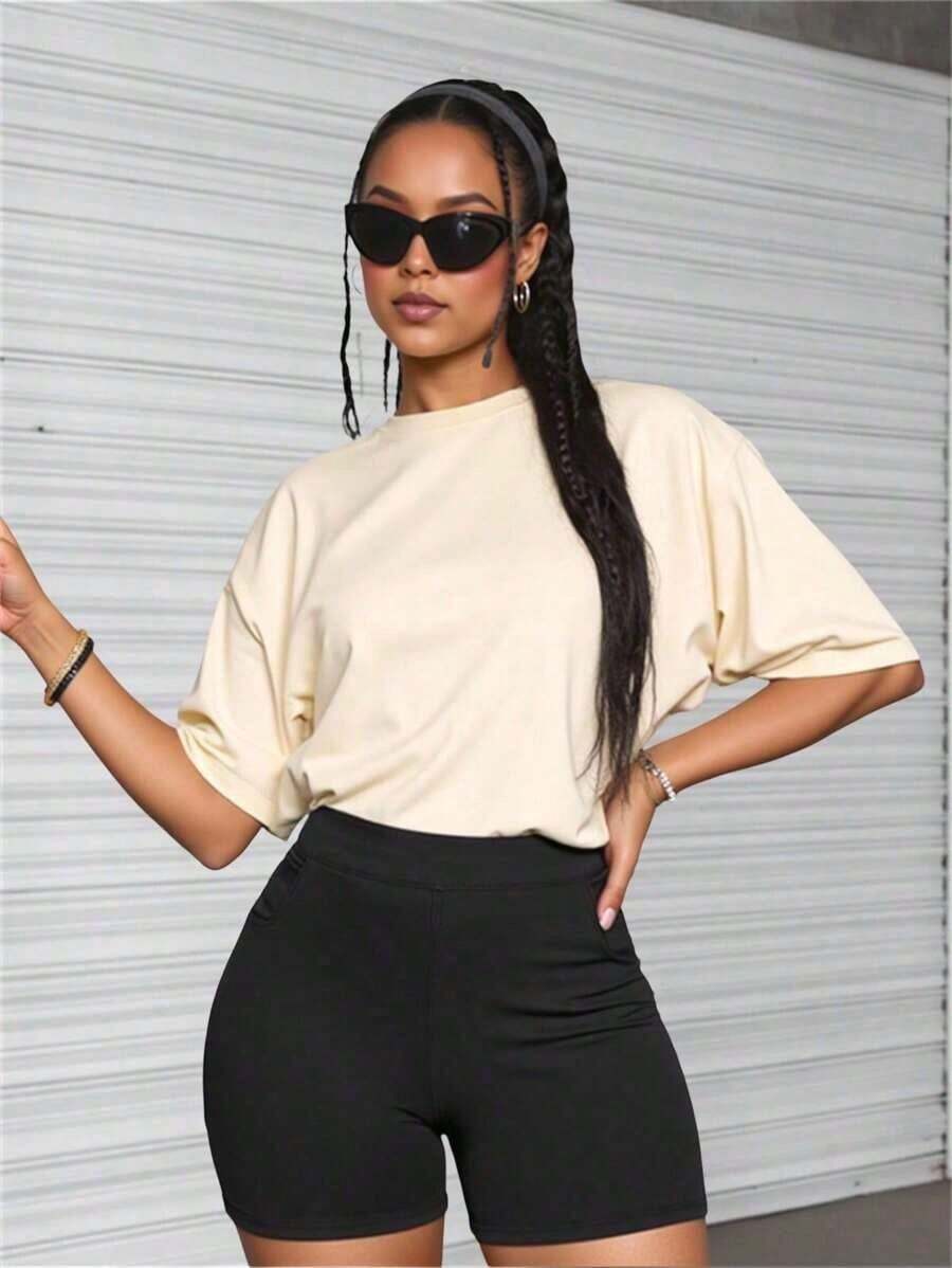Women's Round Neck Short Sleeve Oversize Fit T-Shirt For Spring/Summer-Unisex Loose - Fit Comfortable Vintage Street - Style Cotton T - Shirt Top-Summer Casual Vintage Cotton Printed T-Shirts For Couples - 杏色 - 查看 1