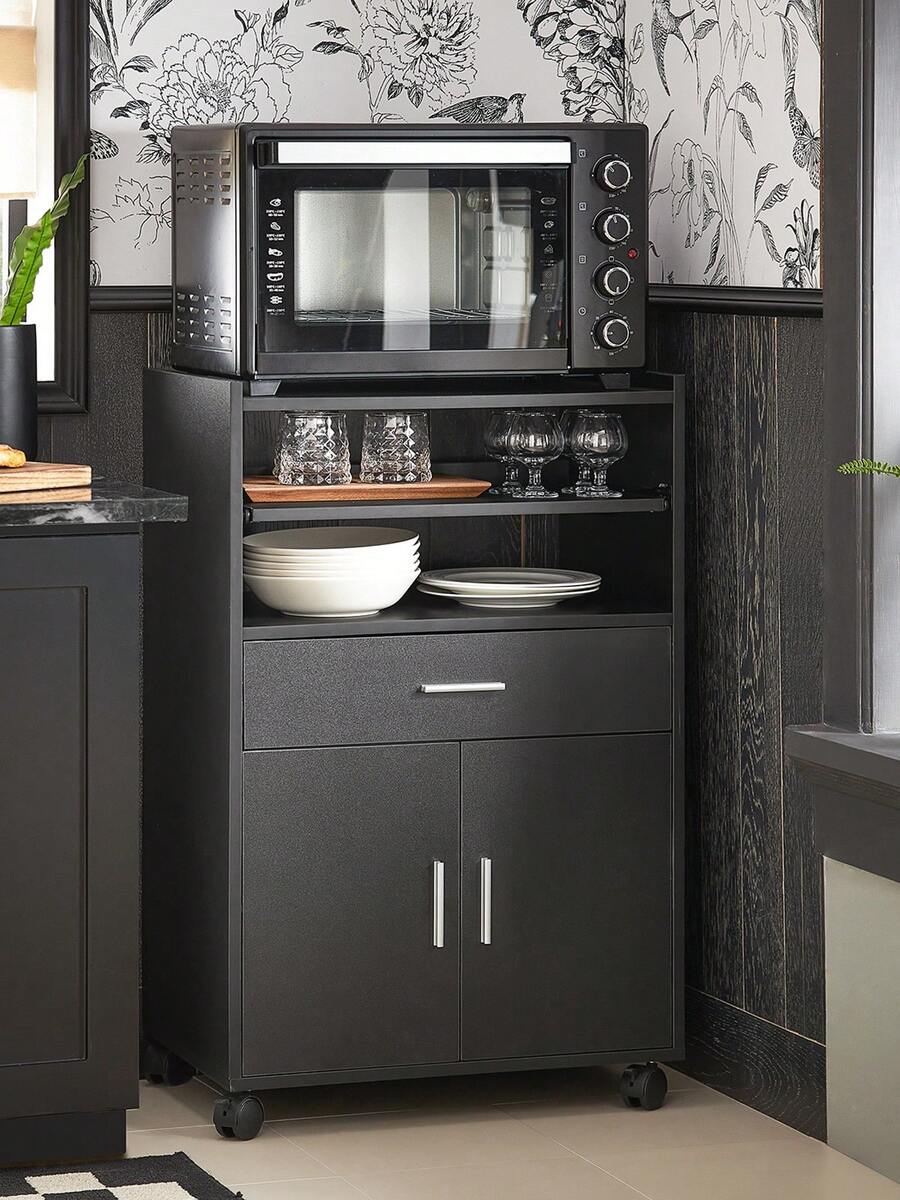SoBuy FSB09-SCH 廚房櫥櫃、廚房推車、滾動櫥櫃、飲料推車、帶一個滑動擱板的微波爐櫃，黑色，尺寸約為 59x92x40厘米（寬x高x深），廚房中島、餐邊櫃、廚房櫥櫃、微波爐櫃、儲物櫃、餐邊櫃、廚房餐邊櫃、儲物餐邊櫃、帶門餐廳餐邊櫃、高餐邊櫃、廚房儲物櫃、廚房抽屜櫃、儲物櫃、廚房擱板、儲物櫃物架、廚房家具、儲物家具、櫥櫃、碗碟櫃、廚房推車、帶輪廚房推車、帶工作檯面廚房推車、櫥櫃、廚房邊桌、帶工作檯面的廚房櫥櫃、廚房擱板、工作檯面、廚房家具，黑色中密度纖維板(E1)，59x40x92 厘米