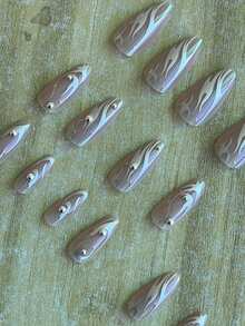 Nâng cấp vẻ ngoài của bạn với 24 chiếc Kim loại Dòng nghệ thuật Hạnh nhân dài ấn vào móng tay, In sóng Full Cover Bộ dụng cụ làm móng giả Đồ dùng làm móng - Nhiều màu - Xem 8