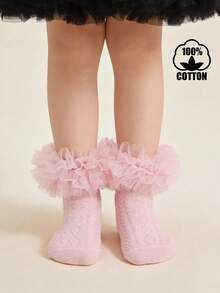 1 Pair Cotton Children's Lace Trim Short Socks, Fluffy Lace Mesh Girls' Princess Dance Socks - Pink - View 1