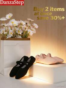 2双黑色和粉色芭蕾平底鞋，套脚式交叉松紧带芭蕾舞鞋（2双方便更换） - 黑色 - 查看 1