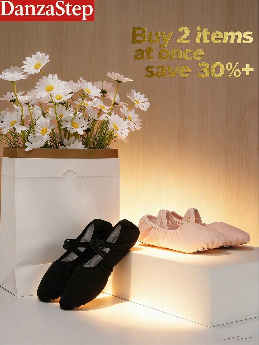 2双黑色和粉色芭蕾平底鞋，套脚式交叉松紧带芭蕾舞鞋（2双方便更换） - 黑色 - 查看 1