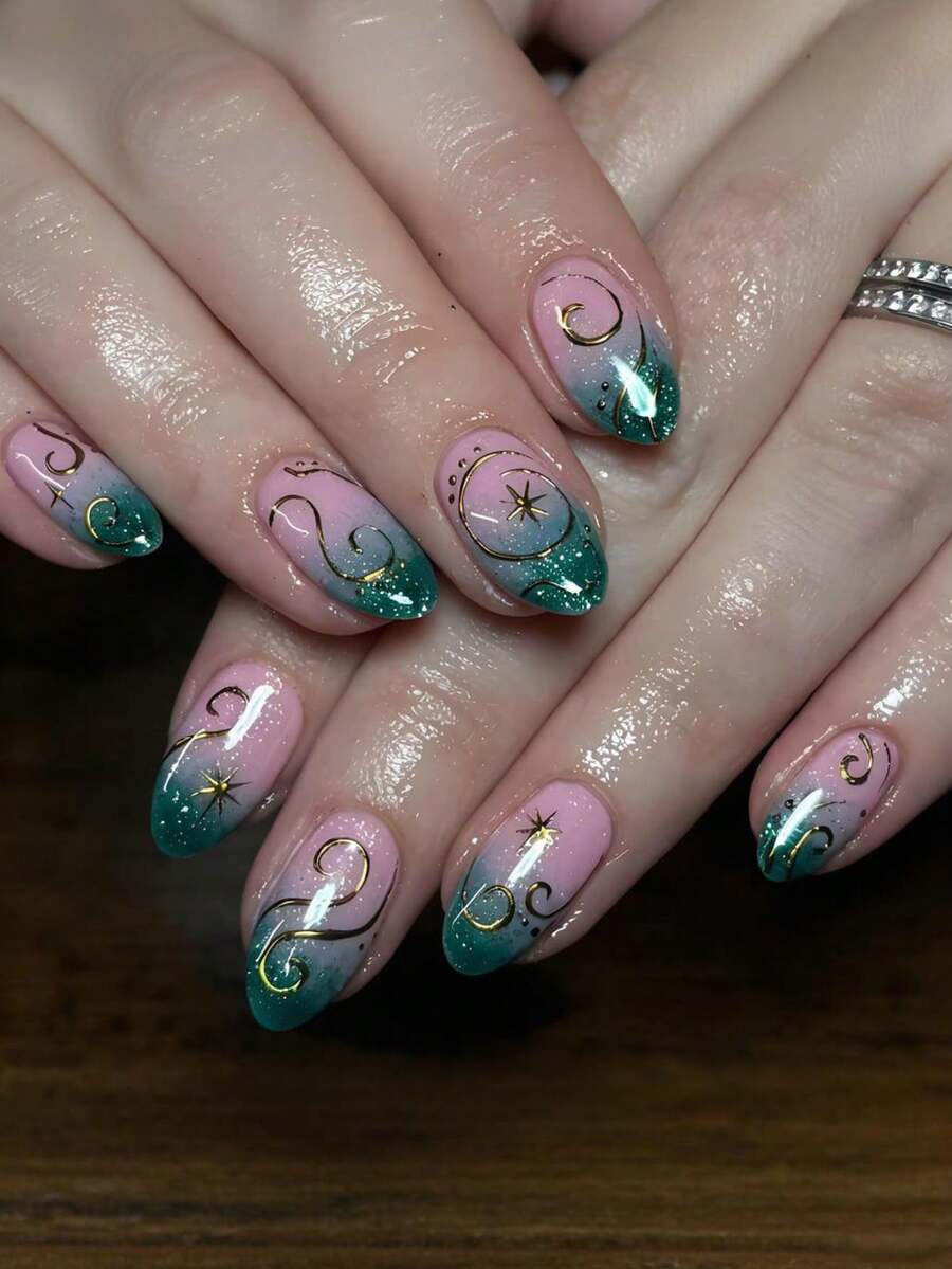 24pcs Long Almond Ramadan Press On Nails, Green Glitter Gradient With Gold Stars And Irregular Line Design Long Nails Full Cover Glossy False Nails Set, Include: 1pc Jelly Glue And 1pc Nail File, Easy To Wear Daily Fake Nails Press On Art For Women And Girls Daily Life - Multicolor - View 1