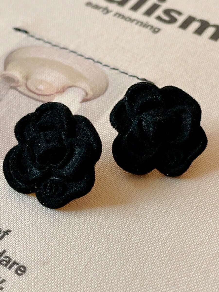 1 Pair Elegant Black Flower Stud Earrings, Suitable For Women In Any Occasion - Black - View 1