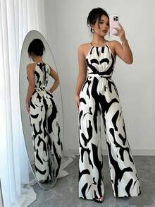 Regalo de San Valentín:tela estampada con cintura ceñida para mujer, elegante para vacaciones y uso diario,Conjunto de 2 piezas para mujer que incluye top ajustado sin espalda con diseño cruzado y pantalones rectos con detalle geométrico calado, tela estampada con cintura ceñida para mujer, elegante para vacaciones y uso diario,Conjunto de 2 piezas para mujer que incluye top ajustado sin espalda con diseño cruzado y pantalones rectos con detalle geométrico calado - Blanco - Ver 4