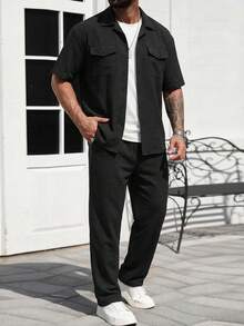 Conjunto de camisa de terciopelo para hombre, con brillo de alta gama y un ambiente relajado y elegante - Negro - Ver 1