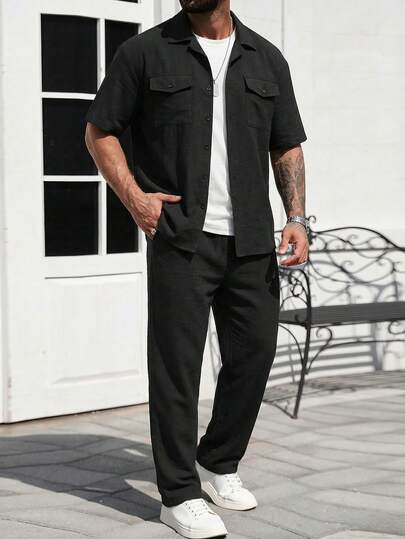 Conjunto de camisa de terciopelo para hombre, con brillo de alta gama y un ambiente relajado y elegante